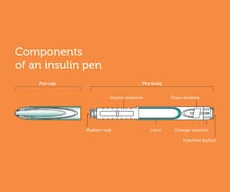 An animated picture of hands checking diabetes levels with a glucose monitor device, an injection and an insulin vaccine bottle.