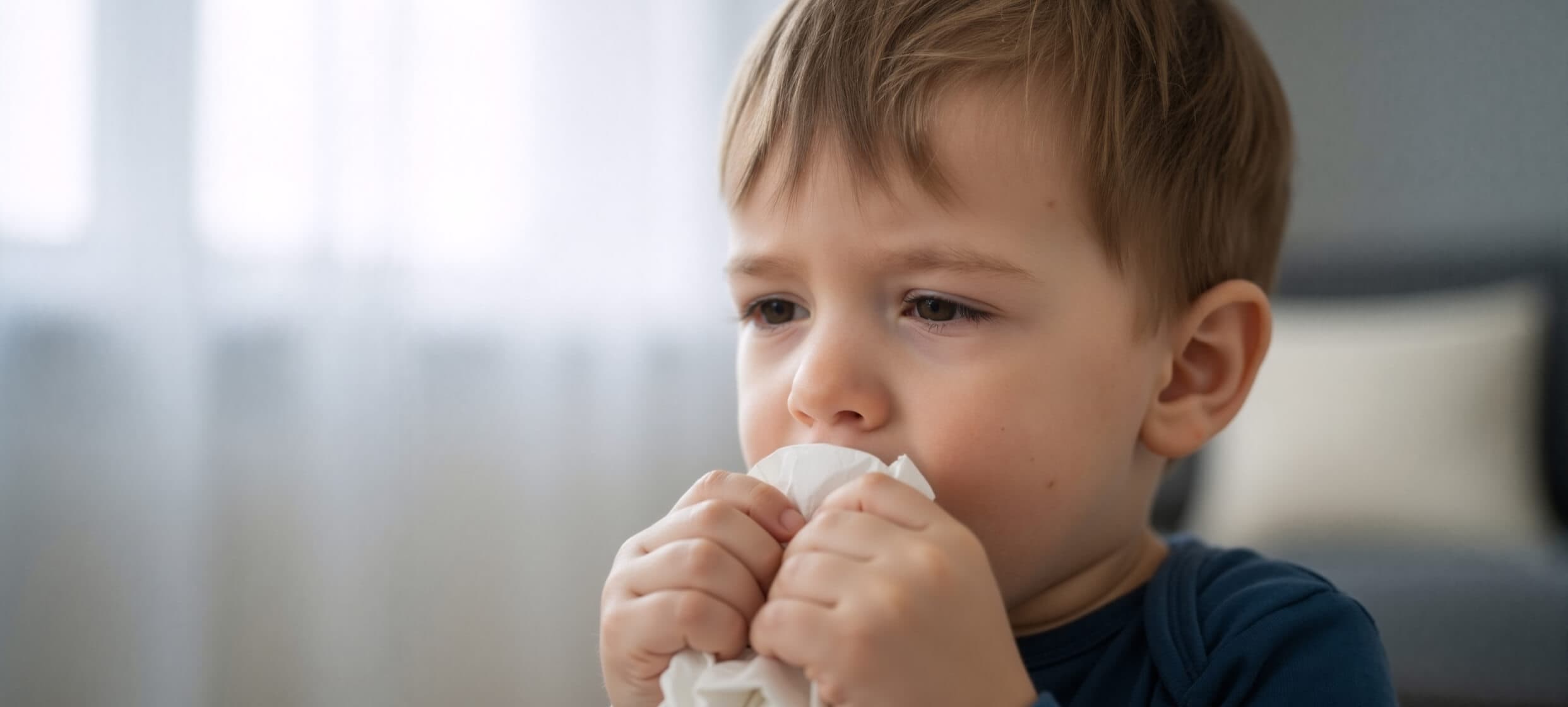 Baby holding a handkerchief to their face while showing cold or flu-like symptoms, appearing congested and uncomfortable.